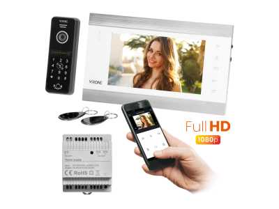 VIFIS Full HD zestaw wideodomofonowy (bezsłuchawkowy, szyfrator, czytnik zbliżeniowy, sterowanie z aplikacji, zasilacz na szynę DIN, biały)