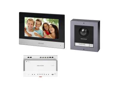 HIKVISION DS-KIS702 zestaw wideodomofonowy 2-żyłowy jednorodzinny z monitorem dotykowym 7" z WiFi, panelem zewnętrznym z kamerą FullHD i dystrybutorem