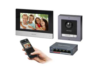 HIKVISION DS-KIS602(B) zestaw wideodomofonowy PoE jednorodzinny z monitorem dotykowym 7" z WiFi, panelem zewnętrznym z kamerą FullHD i PoE switch