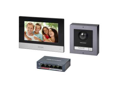 HIKVISION DS-KIS602 zestaw wideodomofonowy PoE jednorodzinny z monitorem dotykowym 7" z WiFi, panelem zewnętrznym z kamerą FullHD i PoE switch