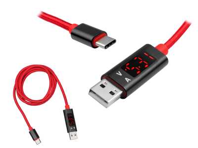 Wzmacniany kabel LTC USB typu C, 1 m, z miernikiem, czerwony.