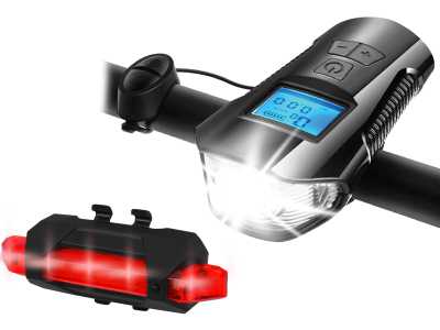 PR Zestaw rowerowy LTC z licznikiem, 1 x LED SMD 10 W, 1000 lm + 5 x LED SMD 50 lm, akumulator 1200/300 mAh, klakson, Micro USB.