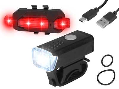 Zestaw lamp rowerowych HY025 z akumulatorem ,przód 1-LED 3 stopnie świecenia, tył 5-LED ,kabel Micro USB