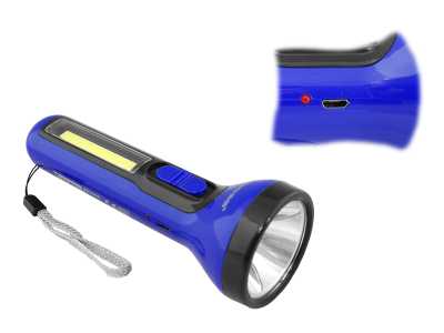 Latarka ręczna LED 3W + COB 3W, TS-1855 z akumulatorem 1200mAh, kabel microUSB, niebieska.