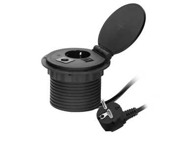Gniazdo meblowe Ø8cm wpuszczane w blat z ładowarką indukcyjną, ładowarką USB z 2 gniazdami A i C, przelotką kablową z przewodem 1,8m, 1x2P+Z (Schuko),