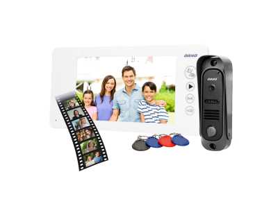 Zestaw wideodomofonowy bezsłuchawkowy, kolor, 7" LCD, pin hole, pamięć, z czytnikiem breloków zbliżeniowych, biały, ARCUS RFID