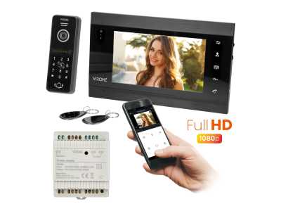 VIFIS Full HD zestaw wideodomofonowy  z kamerą Full HD (bezsłuchawkowy , szyfrator, czytnik zbliżeniow, sterowanie z aplikacji, zasilacz na szynę DIN,